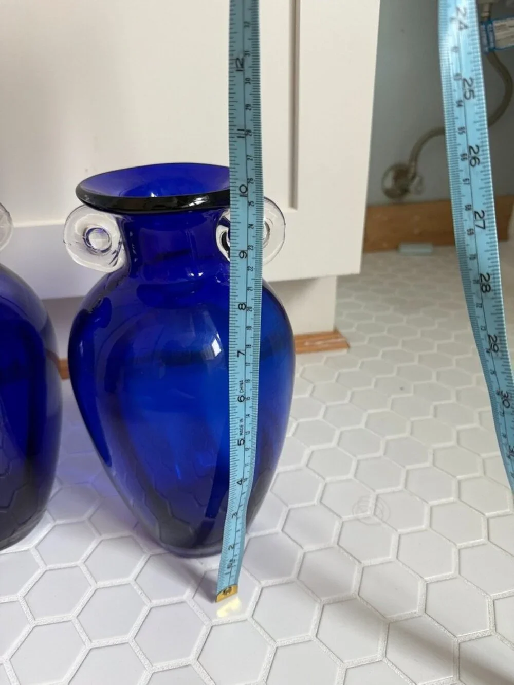 Vintage Pair Cobalt Blue Art Glass Vases 10